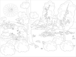 Hand draw decorative landscape trees illustration with decorative lines. Vintage stylized landscape painting for color. Black and white coloring pages for adults. Vector illustration.