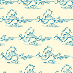 Blue hand drawn waves vector seamless pattern