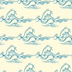 Stickers pour porte Mer Modèle sans couture de vecteur de vagues dessinées à la main bleue