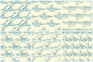 Hand drawn waves vector seamless patterns set