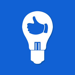 Light bulb with thump up gesture. Flat icon.