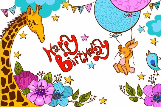 Children's background with animals happy birthday
