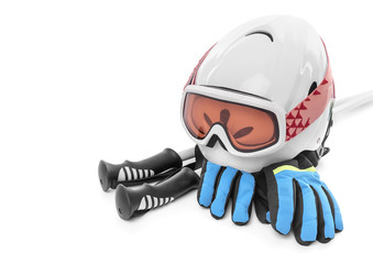 Ski boots gloves helmet isolated.