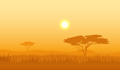 African landscape with tree silhouette.
