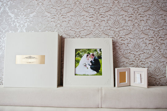 Luxury white classic leather wedding book with flash box.