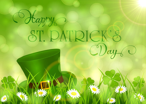 Sunny Patricks Day background with hat of leprechaun and clover
