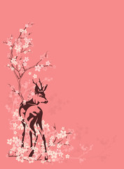 deer among blooming sakura branches - spring season vector background