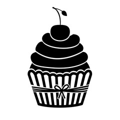 monochrome silhouette with cupcake and cherry vector illustration