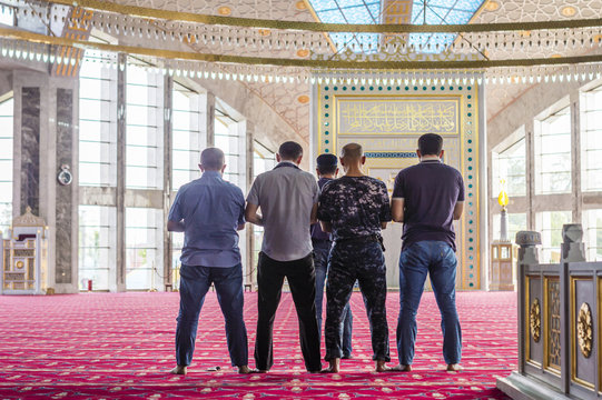 Muslims praying in Aymani Kadyrova Mosque in Argun, Chechnya, Russia