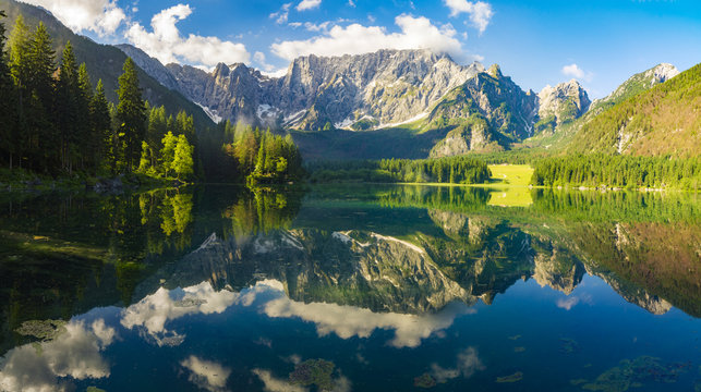 panorama of mountain lake in the morning in the Julian Alps in Italy