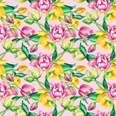 seamless background, watercolor yellow pink tulips, botanical illustration, floral pattern