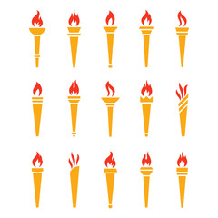 Icons golden torch with flame isolated vector set