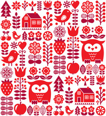 Scandinavian seamless pattern - red Finnish folk art, Nordic style      