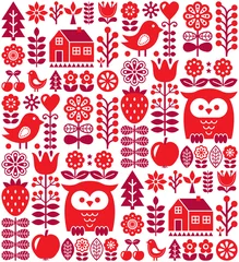 Papier peint Rouge Modèle sans couture scandinave - art populaire finlandais rouge, style nordique