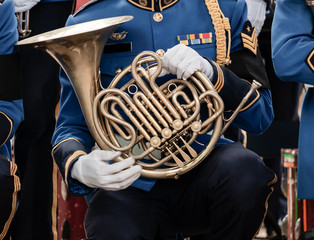 French horn / View of french horn in military orchestra.