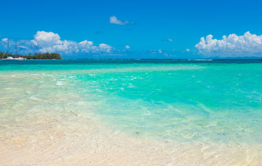 Fototapeta na wymiar tropical beach with coconut palms on the background of the islan