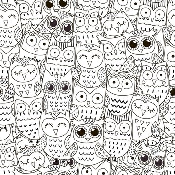 Doodle owls seamless pattern