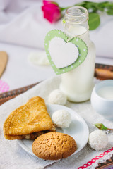 Breakfast in bed on Valentine's day in hotel