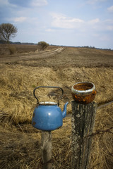 Naklejka na ściany i meble An old, rusty tea pot in the landscape in early spring