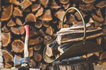 Copper stack of standing on stump in her firewood, ax