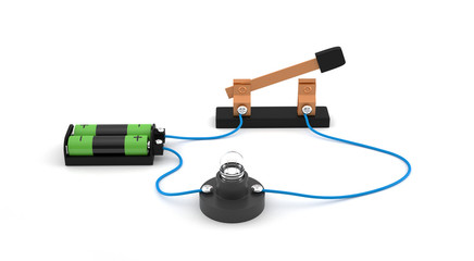 Electric circuit showing open switch using a light bulb and batteries white background.