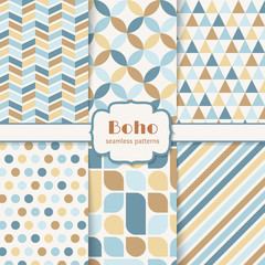 Boho seamless patterns set. Colorful geometric background. Vector illustration.