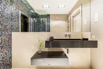 Bathroom with minimalistic sink and mosaic wall
