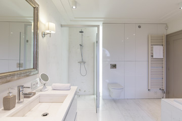 Naklejka na ściany i meble Modern bathroom with glass shower cubicle