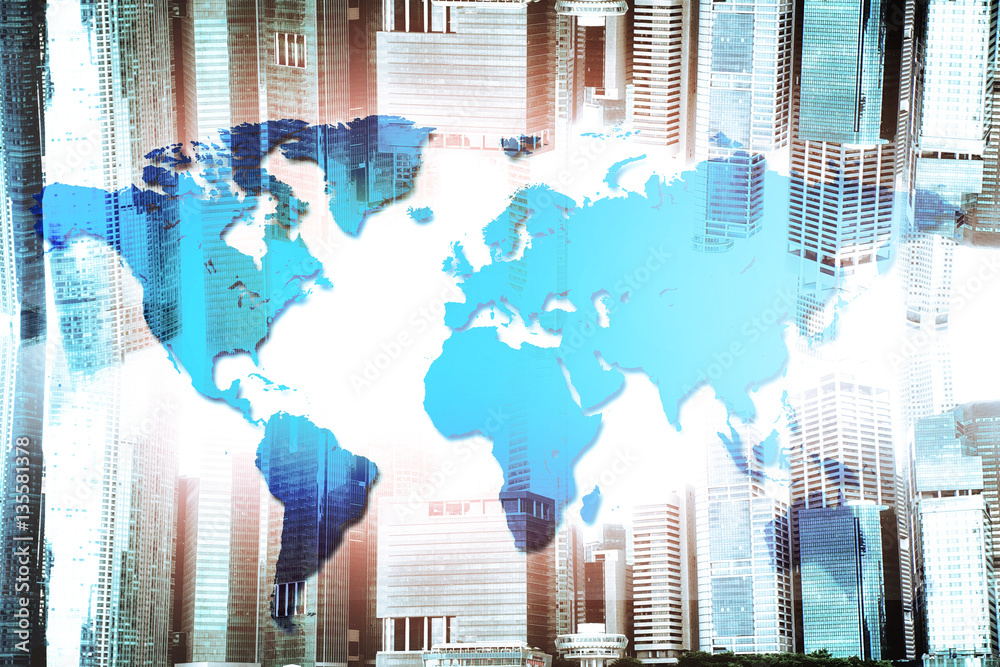 Poster double explosure. world map on city scape background