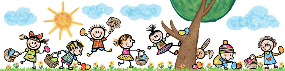 Fototapeta premium Header: Kinder suchen Ostereier auf einer Blumenwiese mit Baum / handgezeichnet, farbig, Vektor