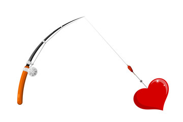 Vector image of abstract red heart with a fishing rod. The conce