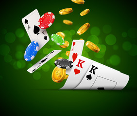 Poker chips casino green poster. Gamble cards and coins success winner royal casino background