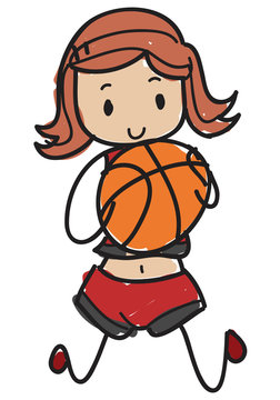 Doodle style cartoon female basketball player with basketball in her hands