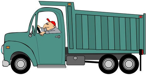 Illustration of a man driving a large dump truck. © Dennis Cox