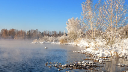 весенний пейзаж на берегу реки с туманом и лесом в...