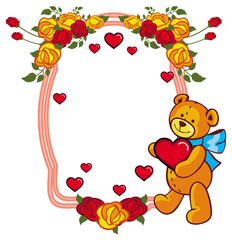 Oval label with red roses and cute teddy bear holding a big heart.