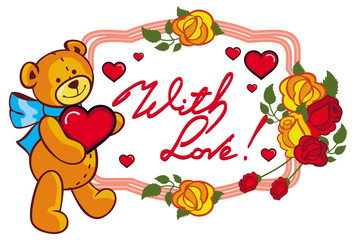Oval label with red roses and cute teddy bear holding a big heart.