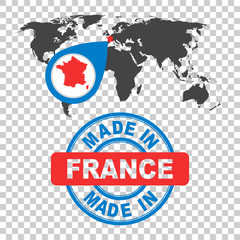 Made in France stamp. World map with red country. Vector emblem in flat style on isolated background.