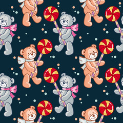 Seamless pattern with hearts and teddy bears. Vector clip art.