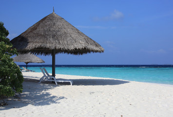 Beach umbrellas made of straw and sunbeds in the secluded beach, Maldives