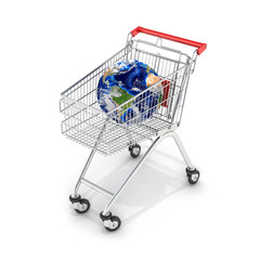 Shopping trolley globe concept supermarket shopping cart with gl