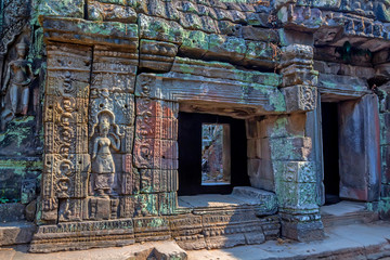 Details of stone carvings at Ta Prohm Temple