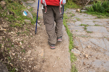 The traveler's walking on the way to Annapurna base camp at Himalaya Nepal