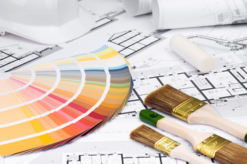 Construction plans with whitewashing Tools and Colors Palette - 135586516