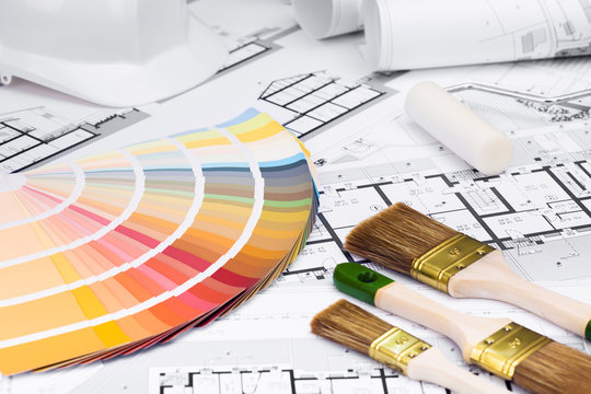 Construction plans with whitewashing Tools and Colors Palette