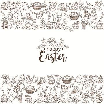 Vintage Easter background with hand-drawn symbols on white. Lettering, sketch. Vector 