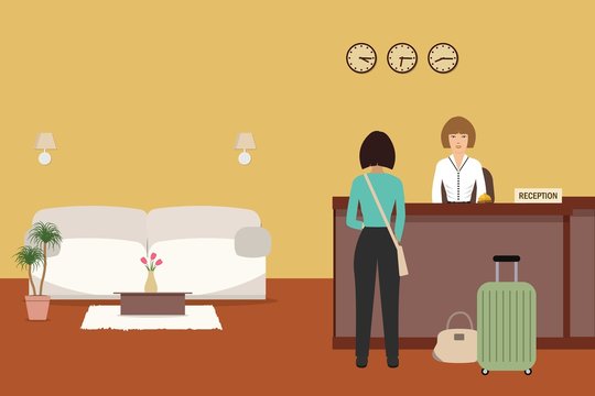 Hotel reception. Young woman receptionist stands at reception desk. There is a white sofa and table with flowers also in the picture. Travel, hospitality, hotel booking concept. Vector illustration