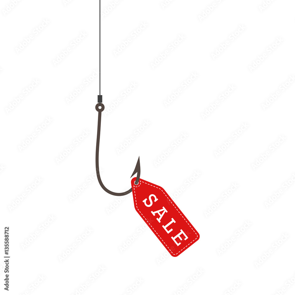 Wall mural Fishing hook with a red sale label. Sale concept