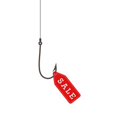 Fishing hook with a red sale label. Sale concept