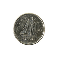 10 canadian cent coin (1998) obverse isolated on white backgroun